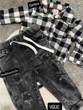 Carter's Black & White Plaid Top with Charcoal Distressed Joggers